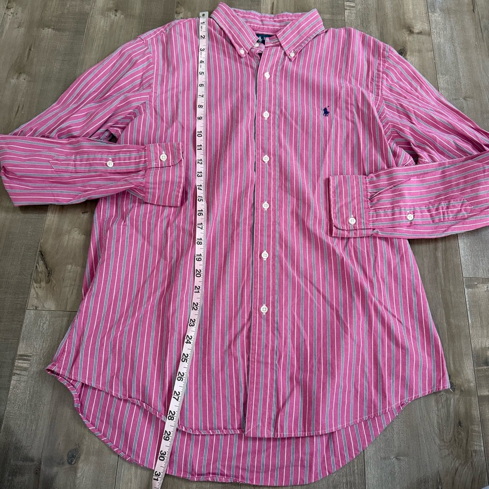 Ralph Lauren Custom Fit Button Down‎ Shirt Men Large Pink Vertical Stripe Preppy - Picture 5 of 7